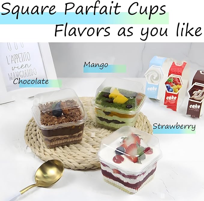 100 Pack 8OZ Plastic 50Pcs Square Dessert Cups with Lids and 50Pcs Spoons,Square Ice Cream Container with Forks, Disposable Parfait Cups for Mousse Cupcake Pudding Snacks Yogurt Parfait Fruits（50Sets）