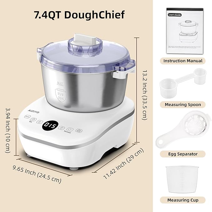 AIZIYO DoughChief, 7.4QT Dough Maker, Dough Mixer with Ferment Function, 304 Stainless Steel Bowl, Removeable lid, Touch Panel Control, Electric Dough Proofing Box for Pizza & Bread