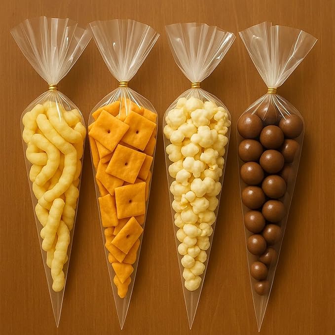 WIKDAY Cone Shaped Treat Bags 100 PCS 6.3x11.8 Inches Clear Plastic Popcorn Bags with Ties Party Favor Candy for Gift Giving, Packaging Snack, Products