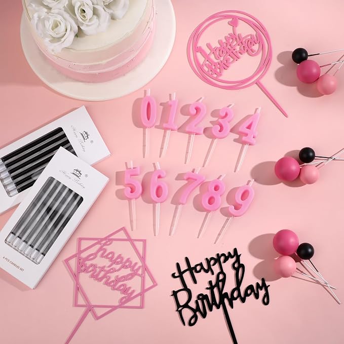 Yerliker 34 Pcs Happy Birthday Cake Toppers Decorations Birthday Candles DIY Cake Decor for Men Women Wedding Anniversary(Black Pink Rose Red)