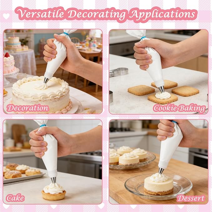 Reusable Piping Bags and Tips Set, 23Pcs Pastry Bag Kit | 4 Cotton Icing Bags, 6 Stainless Steel Tips, Couplers, Brush – Cake Decorating Supplies for Beginners, Cupcakes, Cookies