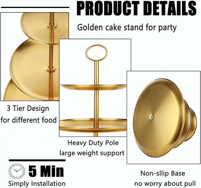 QTLCOHD 2 Pcs 3 Tier Stainless Steel Cupcake Stand | Gold Tiered Dessert Stand for Wedding & Birthday Party