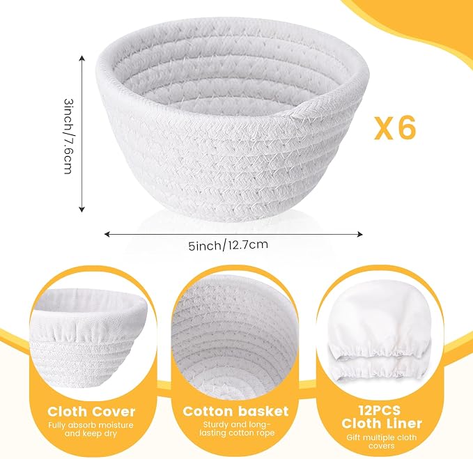 Honeydak 6 Pcs Cotton Rope Banneton Bread Proofing Basket Sets 5 Inch Round Sourdough Bowls Each Basket Comes with Two Liners for Artisan Sourdough Bread Making Handmade Kitchen Professionals