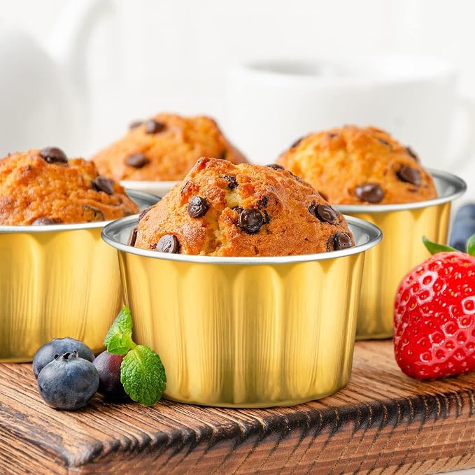 Tessco for you 200 Pcs Disposable Ramekins with Lids 8 oz Creme Brulee Ramekin Aluminum Foil Cup Cupcake Liner Baking Valentines Disposable Muffin Tin Pan Cheesecake Container (Gold,Silver)