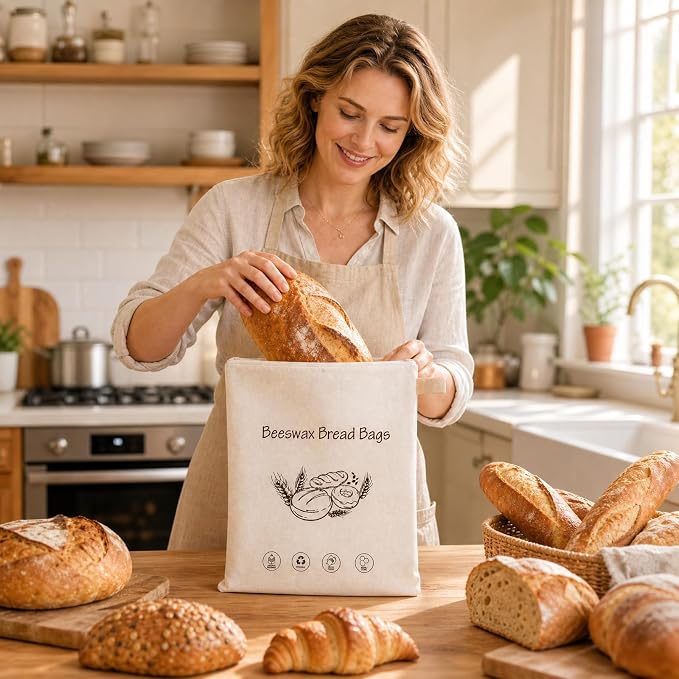 Beeswax Bread Bags for Sourdough – 2 Pack XL 13x17 Reusable Bread Storage Bag with Wide Zipper Seal, Keeps Bread Fresh Longer, Odor Resistant, Freezer Safe Cotton Linen Eco Friendly Bag