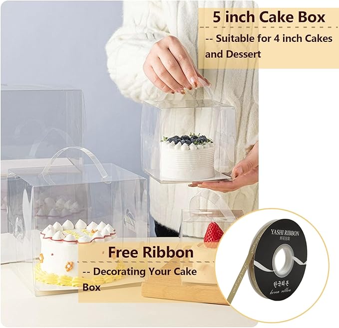 CYEAH 30Pcs Clear Cake Box, 6 x 6 x 5 Inch Bento Cake Box with Handle, Clear Gift Boxes with Ribbons & Stickers for Cake, Bakery Boxes Packaging Carriers for Cookie Candy Wedding Party