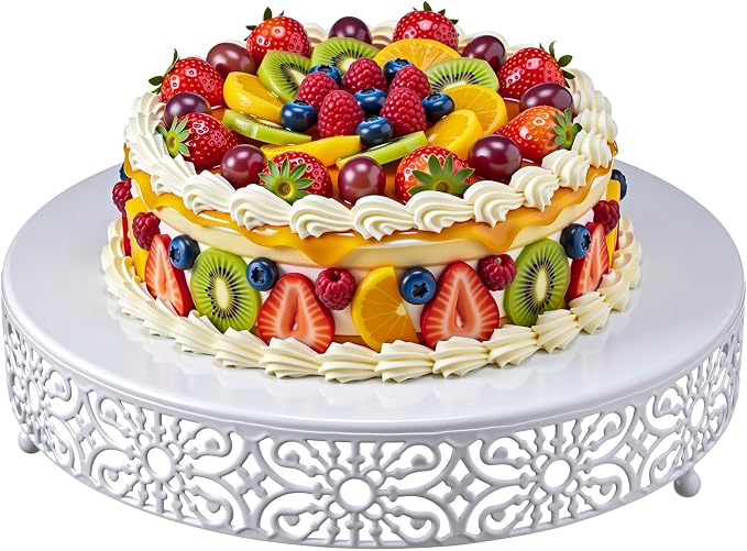 Wenqik 14 Inch Cake Stand, Metal Round Cake Stands Set with Modern Design White Dessert Display Cupcake Stands Plates Fruit Serving Tray for Wedding Birthday Baby Shower Party (White)