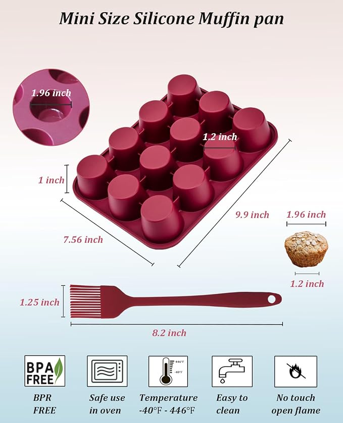 Silicone Muffin Pan, 12-Cup Cupcake Pan with Silicone Pastry Brush for Mini Egg Muffin, Keto Diet, BPA Free, Dark Red