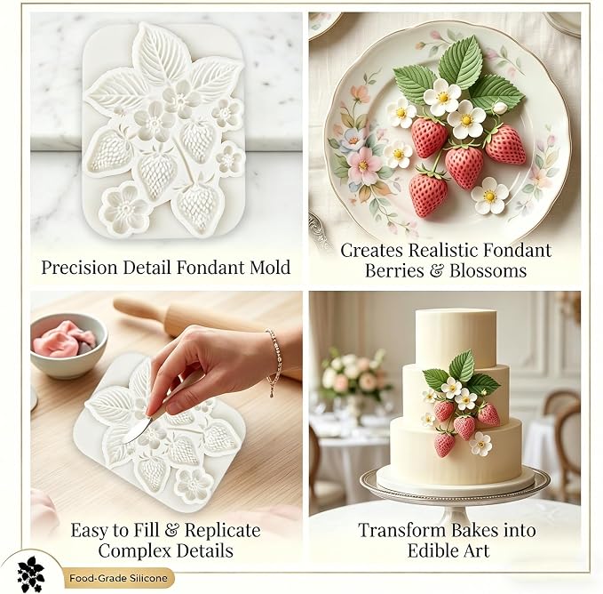 1Pc Strawberry Silicone Mold 3D Flower Leaf Fruit Fondant Baking Molds for Cake Decorating Cupcake Topper Candy Candle Clay Ice Cream Soap Wax Chocolate Gum Paste Pastry Birthday Wedding