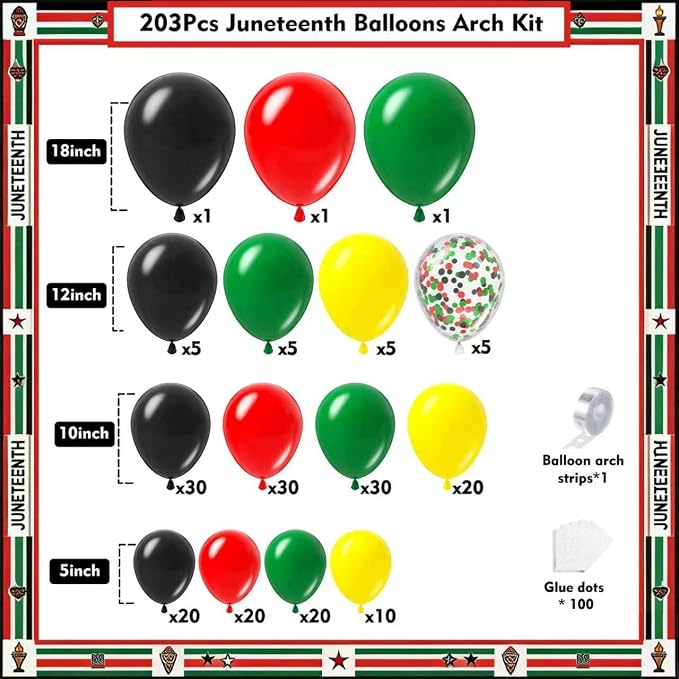 Juneteenth Balloon Garland Arch Kit 203Pcs, Red Yellow Green Black Balloons Arch Kit for Juneteenth Day Decorations Celebration of Freedom Black History Month Africa American Party Decoration