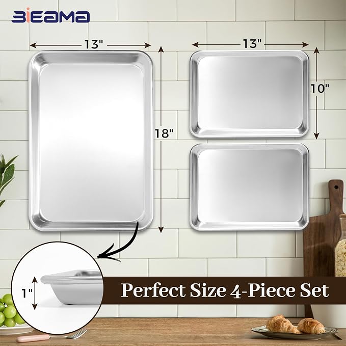 BIEAMA Baking Sheet Pans Set of 4, Perforated Half & Quarter Size | Aluminum Heavy Duty Cookie Sheets for Roasting, Includes 2 Perforated 18" x 13"+ 13" × 10"