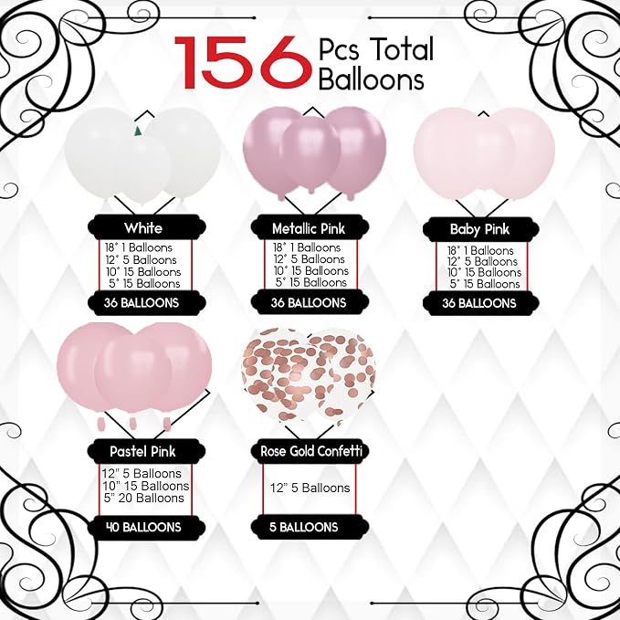 Archloon 156pcs Pink White Balloons Arch Garland Kit, Different Sizes 18 12 10 5inch Pastel Light Latex Metallic Confetti Pink Balloons for Baby Shower Wedding Bow Coquette Birthday Party Decorations