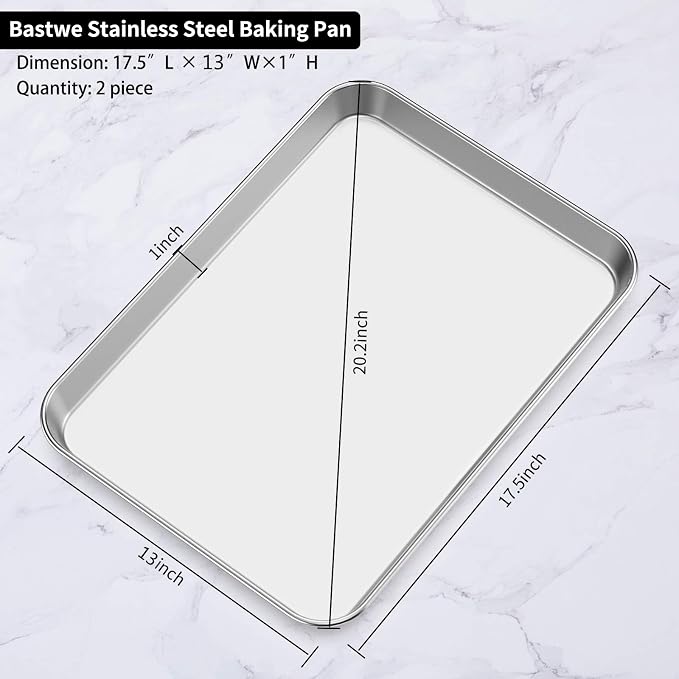 Baking Sheet Set of 2, Bastwe 18 inch Commercial Grade Stainless Steel Baking Pan, Professional Bakeware Oven Tray, Healthy & Non-toxic, Rust Free & Mirror Finish, Easy Clean & Dishwasher Safe