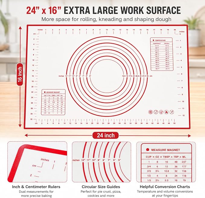 Silicone Pastry Mat 24 x 16 Inch, Non-Stick Dough Mat with Measurements | 24 x 16 inch food-grade silicone pastry mat with non-stick surface, printed guides, easy cleanup and roll-up storage.