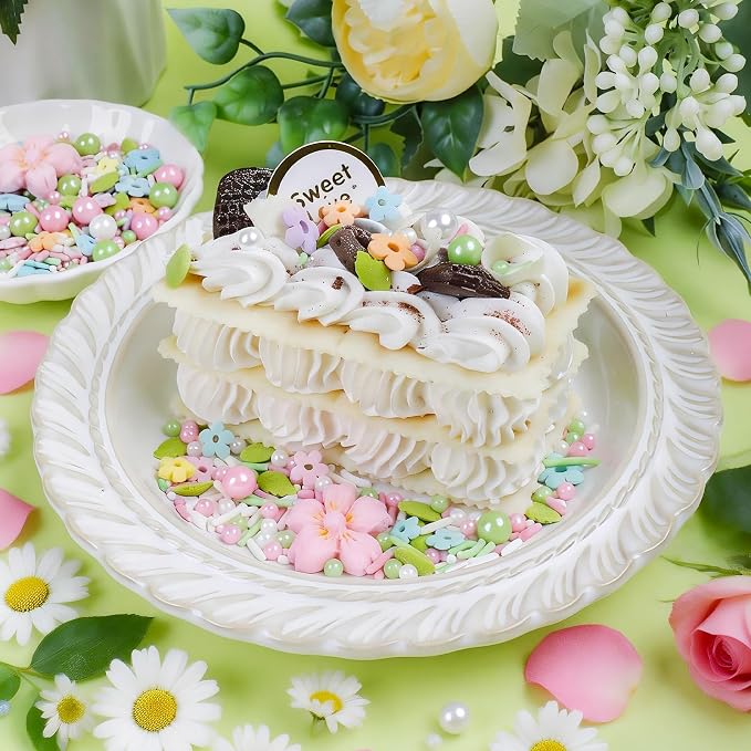 Pastel Flowers Sprinkles for Cake Decorating, 4.6oz/130g - Edible Flower Mix with White, Green & Pink Pearls Sprinkles, Leaves & Jimmies for Baking, Cookies, Cupcakes, Donuts, Ice Cream Toppings