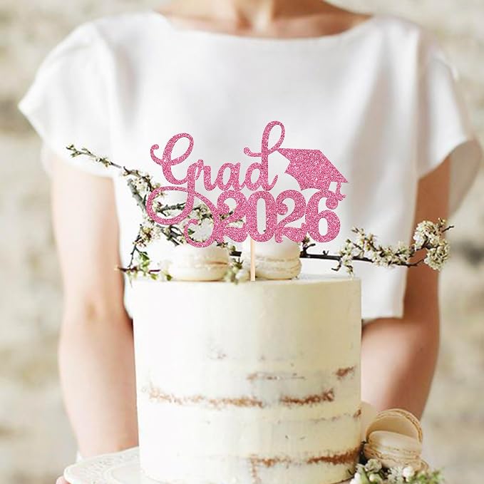 1 Pack Grad 2026 Cake Topper with Glitter Congrats Grad Cap Class of 2026 Cake Pick Decorations for 2026 Graduation Theme School Boys Girls Graduate Party Supplies Pink