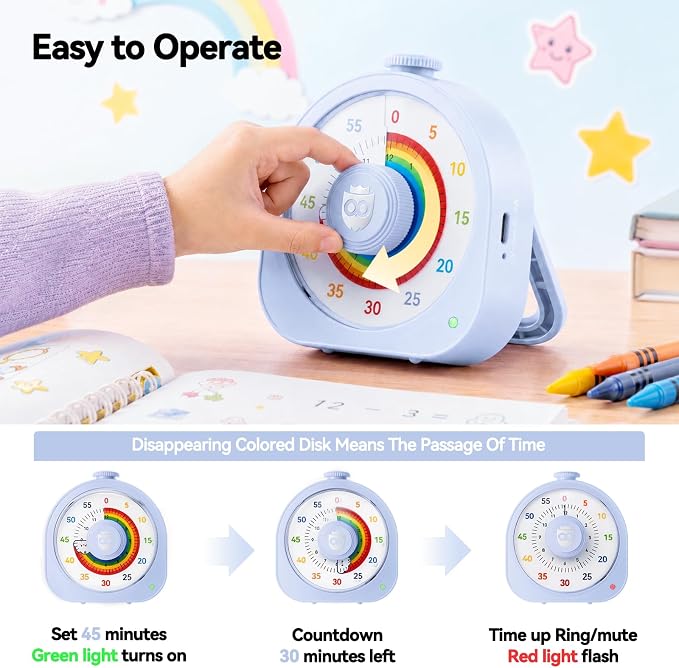 Kids Timer with Rainbow Visual Disk, Rechargeable Timer for Classroom Office Kitchen with Magnetic Sticker, 60 Min/12Hr Silent Countdown Timers Management Tool for ADHD & Autism