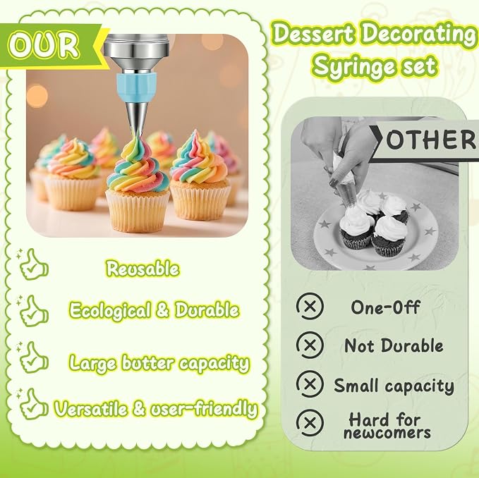 NOVANO Dessert Decorating Syringe Set, Blue | Frosting Piping Kit, Stainless Steel, 54 Piping Tips, 9 Silicone Cupcakes