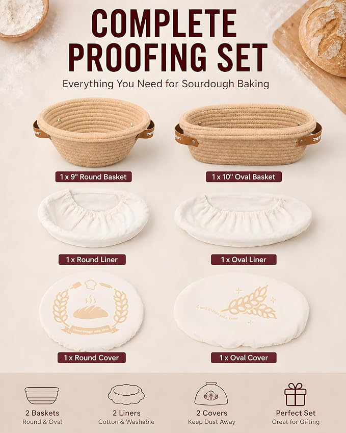Banneton Bread Proofing Basket Set, 9 Inch Round and 10 Inch Oval Cotton Rope Bread Proofing Basket with Liners and Covers, Sourdough Proofing Basket for Boule Batard Bread Baking Supplies