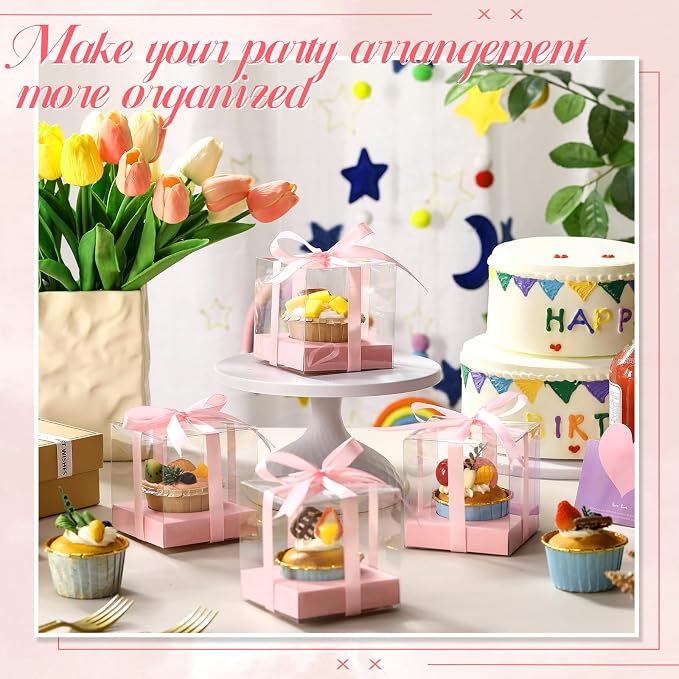 Thenshop 50 Pcs Clear Cupcake Boxes Individual 3.5 Inch Plastic Single Cupcake Containers Boxes with Inserts and Ribbon Individual Cake Storage Holders for Cake Kitchen(Pink)