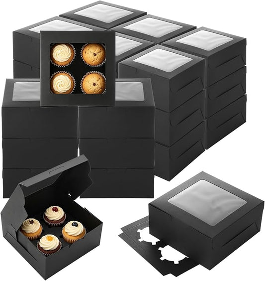 100 Pcs Cupcake Boxes, Cupcake Box Set, Black Pastry Boxes with Window and 4-Cup Inserts, 6x6x3 in Bakery Cartons for Cookies, Cakes, Muffins, Dessert Transport