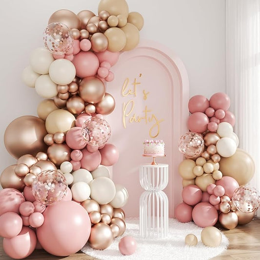 Dusty Pink Balloon Arch Kit, 143Pcs Boho Blush Pink Sand White Nude Rose Gold Balloons Garland Arch Kit Confetti Balloons for Boho Birthday Bridal Shower Wedding Baby Shower Decorations