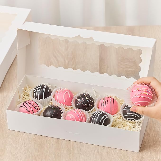 Kucoele Cookie Boxes with Window, 20 PCS, 12.5 x 5.5 x 2.5 Inches, White | Auto-Popup, Bakery Boxes, Treat Boxes, For Chocolate Covered Strawberries, Hot Cocoa Bombs, Pastries, Donuts, Muffins