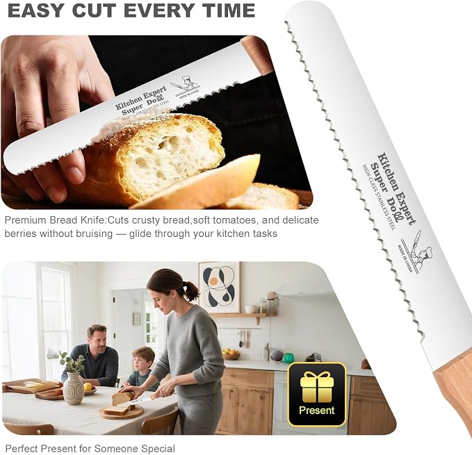 Wavy Edge Serrated Bread Knife 8 Inch, Cuts Perfect Homemade Bread, Bagels, Cakes - Ultra Sharp Stainless Steel Blade with Comfort Grip Wood Handle, Scoring Cutter Includedr
