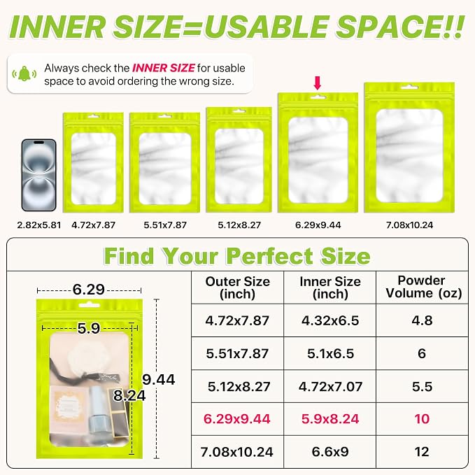 100 PCS Resealable Mylar Bags with Zipper and Frosted Clear Window Smell Proof Bag Packaging Bags Foil Pouch Zipper Bag for Food Self Sealing Storage Supplies (Green, 6.29x9.44)