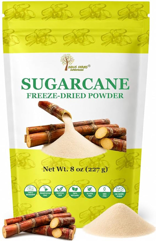 Indus Farms Freeze-Dried Sugarcane Juice Powder, Single Ingredient Made from Real Sugarcane Juice, No Additives or Preservatives, For Smoothies, Baking, Desserts & Beverages, 8 oz
