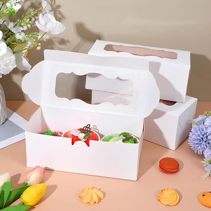 30Pcs White Bakery Boxes with Window 9x4x3.5 Inch Cookie Boxes for Roll Cakes, Desserts, Muffins, Donuts, Candies, and Pastries, Perfect for Weddings, Parties, and Gifts
