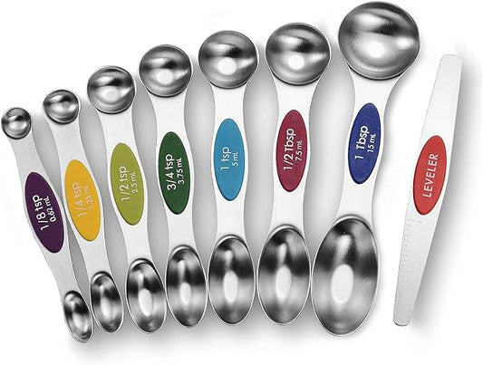 Magnetic Measuring Spoons Set - Stainless Steel Stackable Dual Sided Teaspoon Tablespoon for Measuring Dry and Liquid Ingredients, Measuring Spoons for Cooking & Baking, Fits in Spice Jars, Set of 8