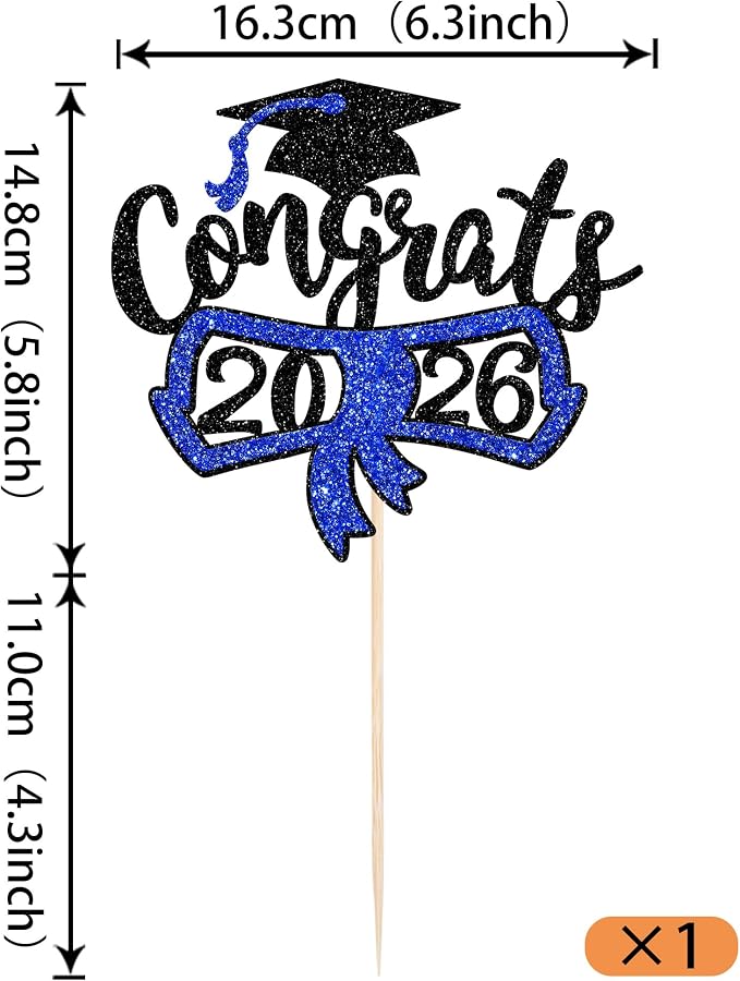 1 Pack Congrats 2026 Cake Topper Glitter Diploma Graduation Cap Cake Pick Contrats Class of 2026 Cake Decorations for 2026 Graduation Theme High School Boys Girls Graduate Party Blue