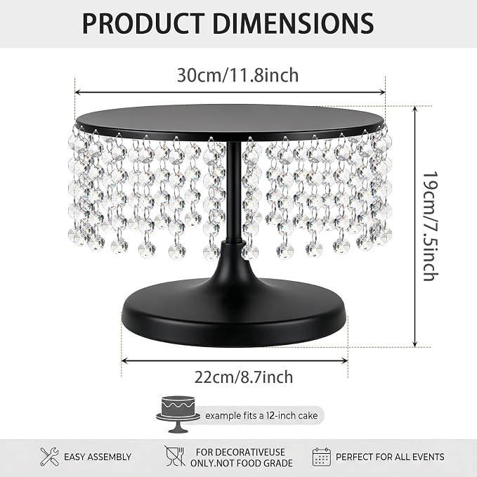 Metal Cake Stand Set with Crystal Pendants - Elegant Dessert Table Display for Weddings, Birthday Parties, Baby Showers, Events - Sturdy Crystal Bling Cupcake Stands for Pastries, Sweets, Decorations (Black, 2 PCS-L)