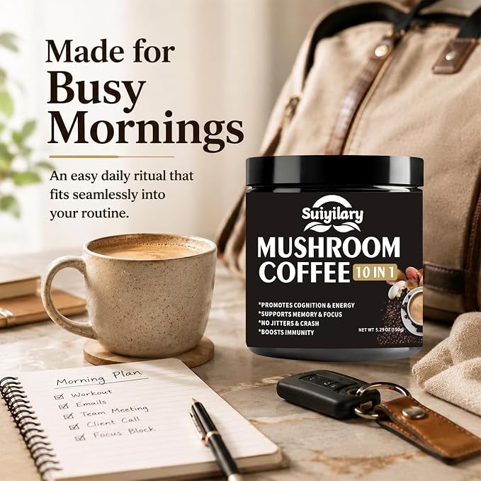 Suiyilary Mushroom Coffee, 10 Mushroom Extract Powder Blend Lion's Mane, Reishi, Chaga, Cordyceps, Turkey Tail, Brain Supplements with Instant Coffee for Energy, Focus, Memory and Immunity 150g