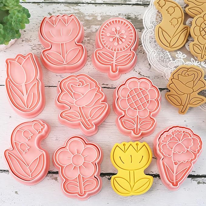 8 Flower Cookie Cutter, 3D Spring Floral Cookie Cutters with Lily of the Valley, Sunflower, Carnation,Tulip,Rose Shapes, Homemake Baking Tools for Mother's Day, Valentine, Holiday DIY Cookies (Flower)