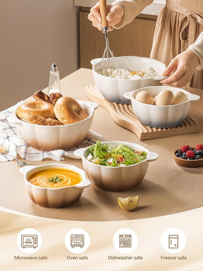 14/24/45 Oz Soup Bowls, Ceramic Kitchen Bowls for Fruit, Snack, Cooking, Baking, Prepping etc, Ramekins Oven Safe, Serving Bowls with Handles, Food Storage Containers Set of 3