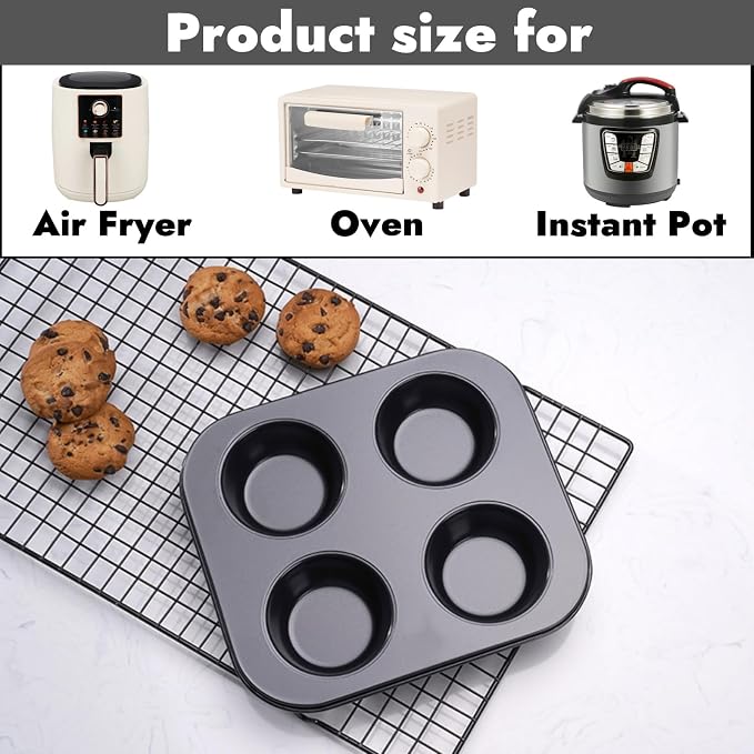 6 Pack Air Fryer Muffin Pan, 4 Cup Non-Stick Small Oven Cupcake Baking Pan, Carbon Steel Round Muffin Tin Bakeware Cake Mould for Egg Muffin, Quiches, Frittatas