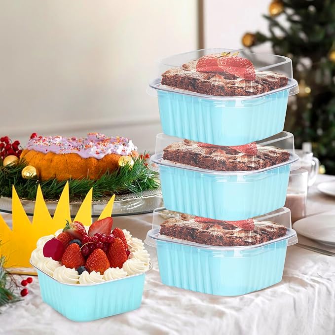 100Pack 5oz Blue Mini Cake Pans with Lids Baking Cups Aluminum Foil Pans Tins, Individual Dessert Cups Containers for Sales,Party,Picnics