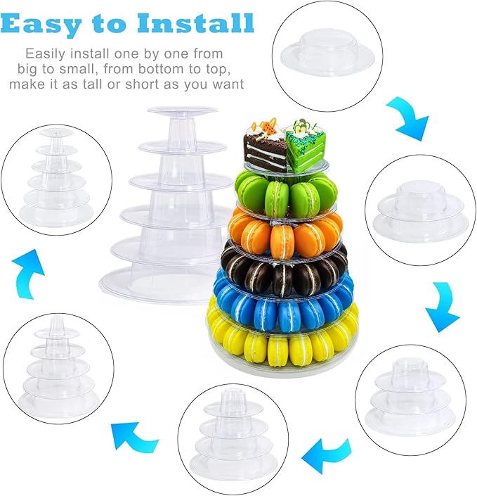 6 Tiers Round Macaron Tower Stand Plastic Transparent Cake Stand Macaron Display Rack Desserts Cupcake Holder Platter for Baby Shower, Birthday Party, Wedding, Party Decor