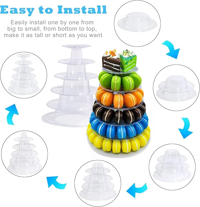 6 Tiers Round Macaron Tower Stand Plastic Cake Stand Macaron Display Rack Desserts Cupcake Holder Platter for Baby Shower, Birthday Party, Wedding, Party Decor