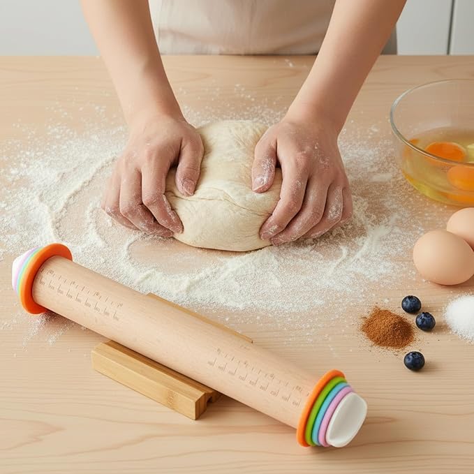 Adjustable Rolling Pin with Thickness Rings, Wood Dough Roller | natural beech wood, 8 plastic thickness rings, double-sided wooden stand, 17/14 inch, for pizza pasta cookies fondant clay