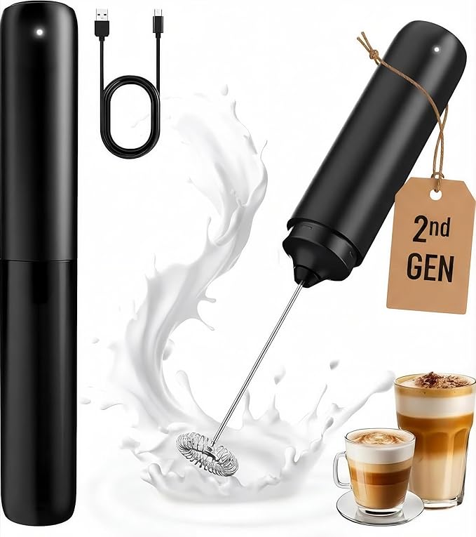 Rechargeable Milk Frother Handheld, Portable Hand Mixer Frother Wand Drink Mixer for Coffee, Latte, Matcha, Cappuccino, Frappe with cover kitchen gifts (Matte Black)