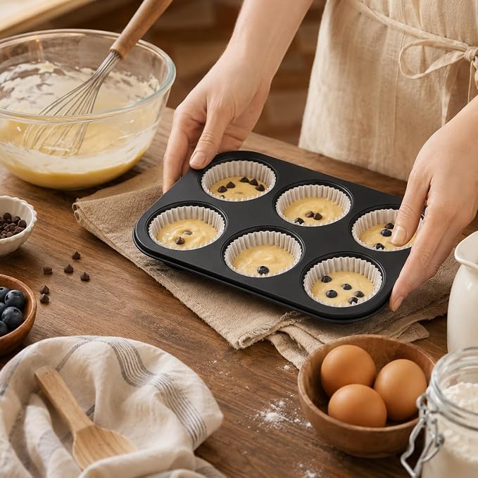 Premium Non-Stick Muffin Baking Pan,2Packs Cupcake Pan,Stainless steel 6-Cup Muffin Tin (Black)