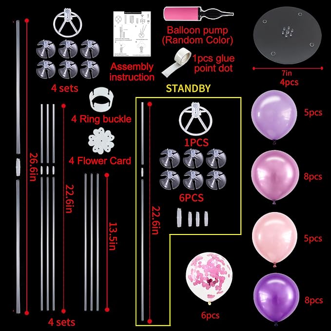 TONIFUL 4 Set Metallic Purple Pink Balloon Centerpieces for Table,Balloon Stand Kit for Kid Party Decor,Girls Birthday Decorations Wedding, Baby Shower, Graduation Decorations