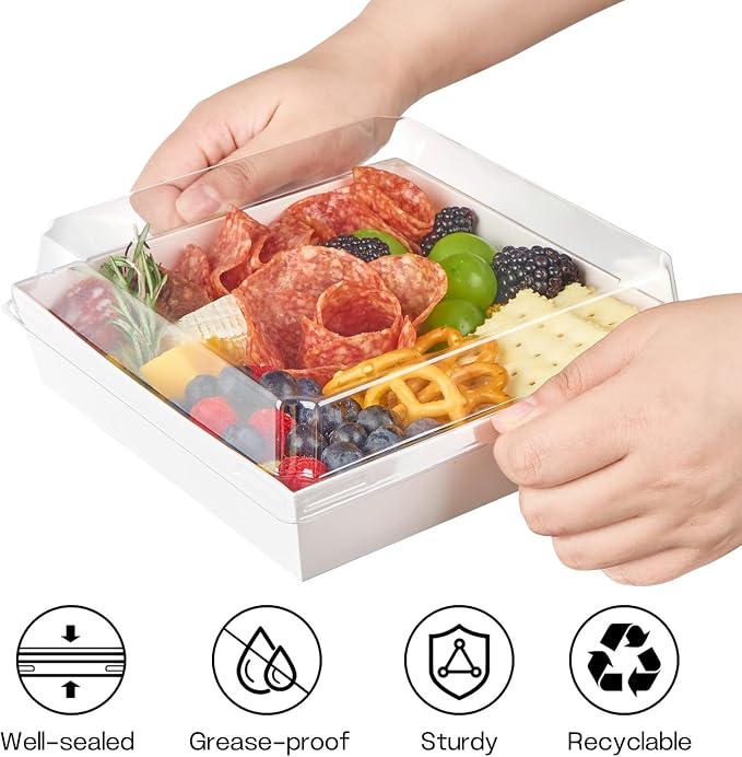 ZORRITA Large Charcuterie Boxes with Clear Lids, 7x7 Inch, 20 Pack, White | Disposable, Square, Kraft Paper, To Go Food Containers, Bakery Boxes, For Charcuterie Desserts Strawberries Cookies