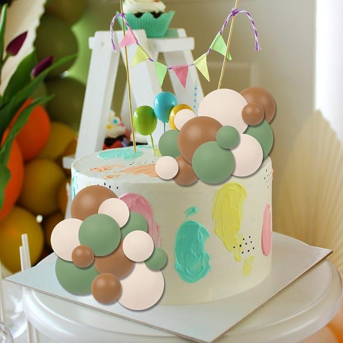 30 PCS Balls Cake Topper DIY Cake Insert Toppers Ball Cake Picks Cupcake Topper for Birthday Party Baby Shower Wedding Cake Decoration(Green Brown Beige)