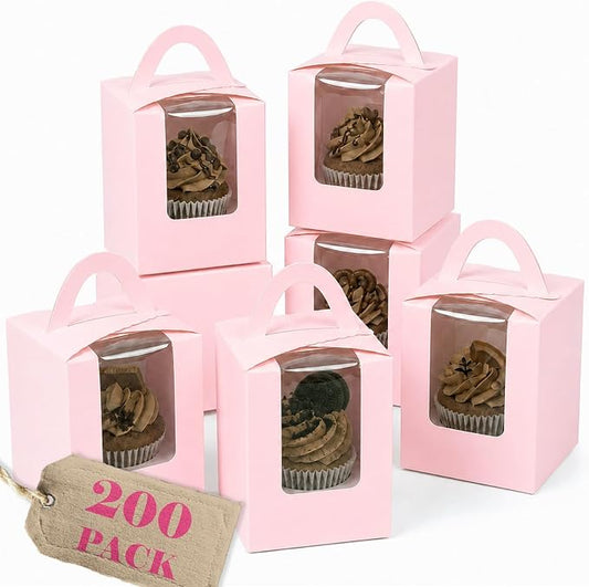 Bakepacker Auto-pop up Individual Cupcake Boxes with Window 200 Count Pink 3.6"X3.6"X4.3", for Cake, Treat Cookie Dessert, Pastry, Birthday Party, Weddings