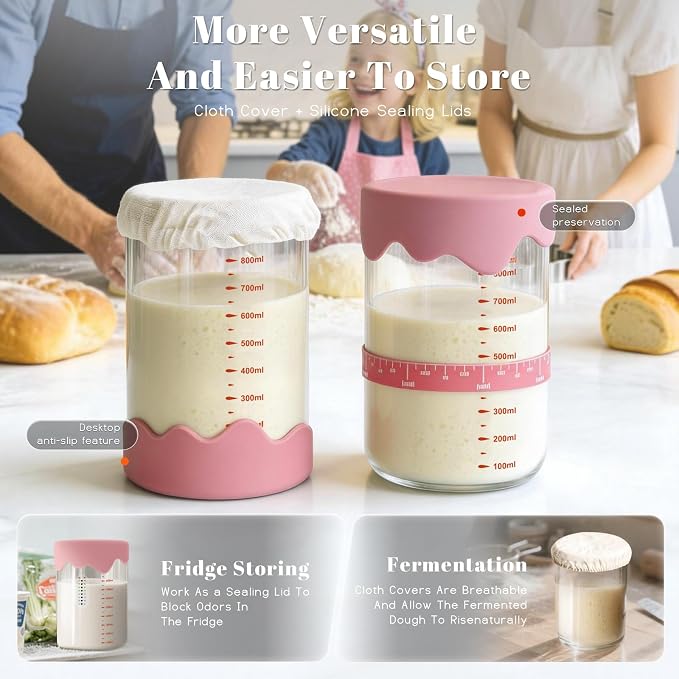 Pink Sourdough Starter Kit – 34 Oz Glass Jar With Lid, Cloth Cover, Date Band, Temp Strip – Sourdough Bread Baking Supplies, Glass Container, Pink