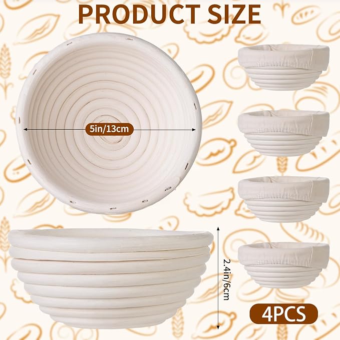 FrutPunch Banneton Bread Proofing Basket Set of 4, with Cloth Lining, Mini Banneton Basket Proofing Baskets for Sourdough Bread Baking 5 Inch, Traditional Sourdough Bread Basket, Home Baking Tools